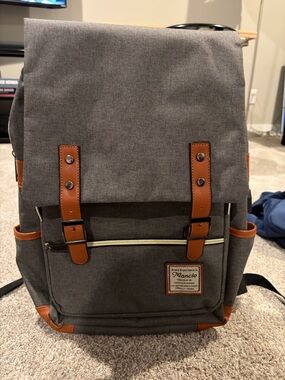 Gray Canvas Backpack with Brown Trim